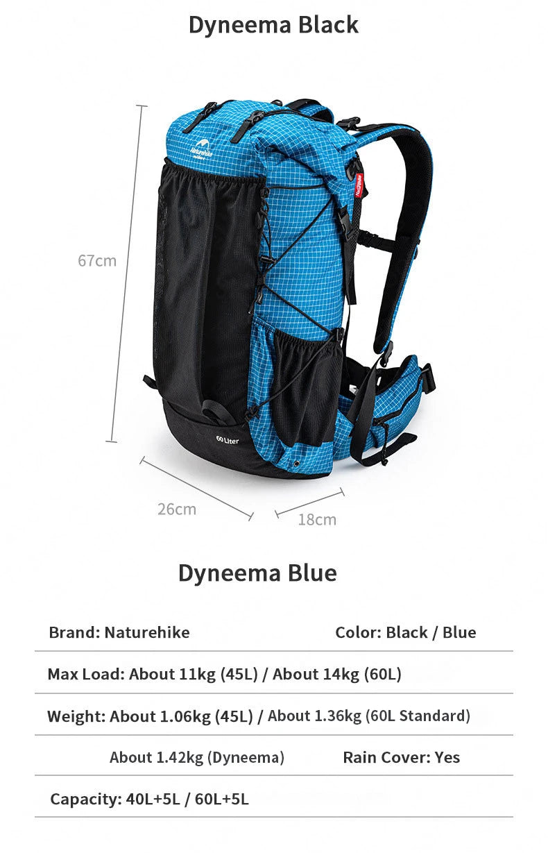 Naturehike Rock Series Outdoor Bags 60L Travel Backpacks Large Capacity 60+5L Hiking Packs Aluminum Frame Hiking Bag