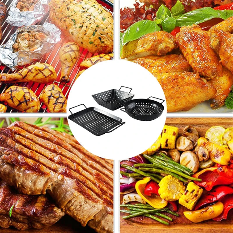 Stainless Steel Barbecue Grill Basket With Perforated Drain Basket Non-Stick Charcoal Plate Camping Portable BBQ Accessories