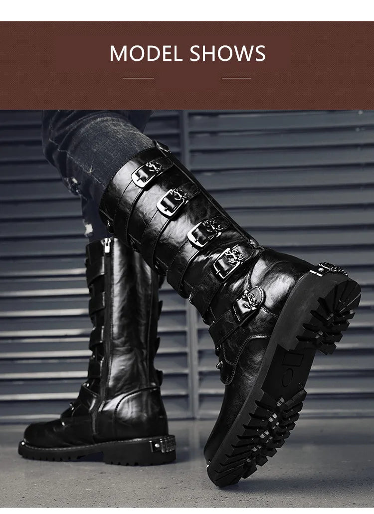 2025 High Leather Boots Men Black Boots Gothic Punk Motorcycle Boots Men Big Size 46 Comfy Platform Boots for Men Tooling Boots