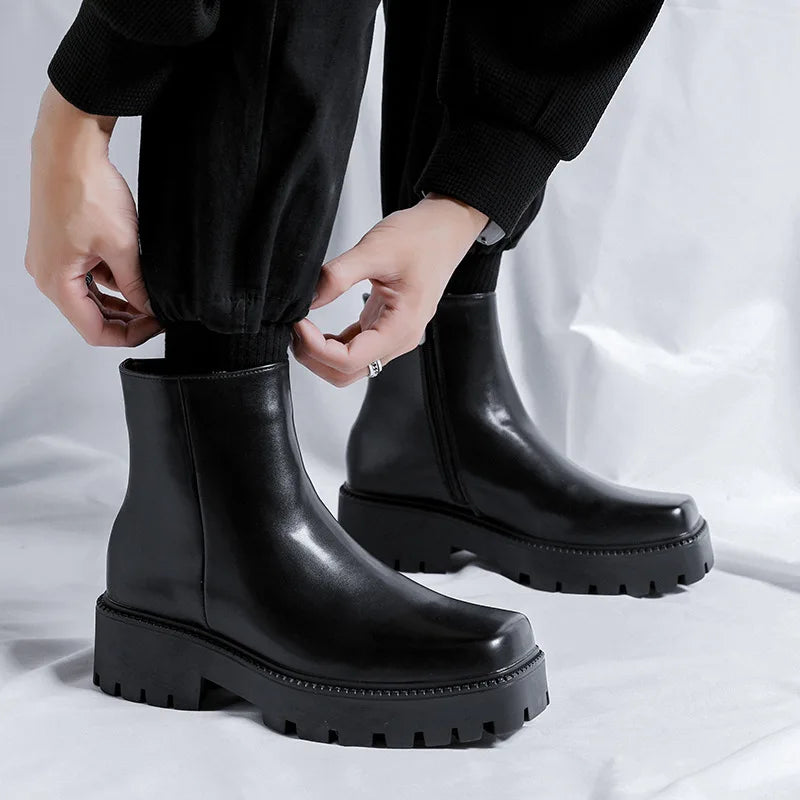 mens fashion punk rock dress high chelsea boots square toe platform shoes cowboy original leather boot handsome motorcycle botas