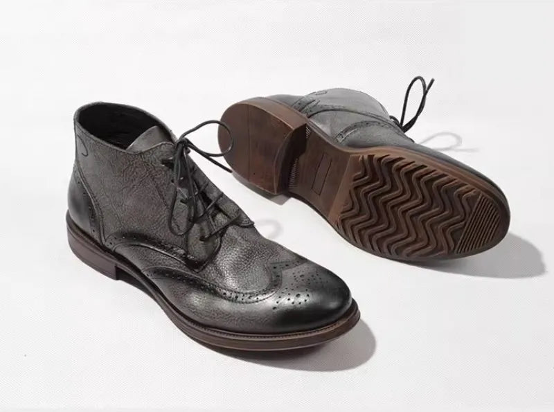 Casual Handmade Vintage Cowhide Genuine Leather Short Boots Men Carving Design High Top Cargo Shoes Men Lace Up Motorcycle Boots