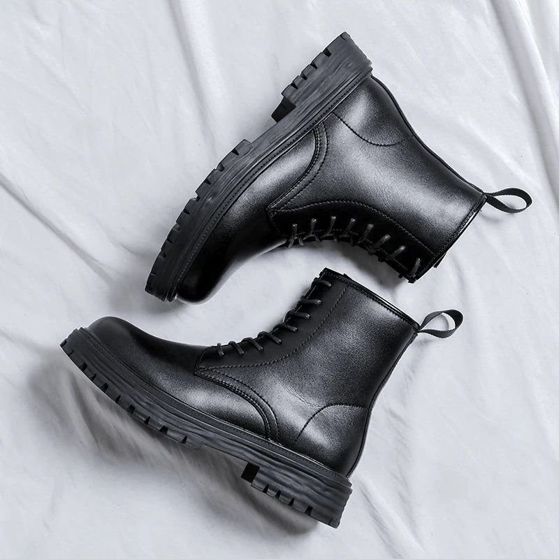 men fashion motorcycle boots black tide lace-up platform shoes cowboy genuine leather boot street cool high top botas masculinas