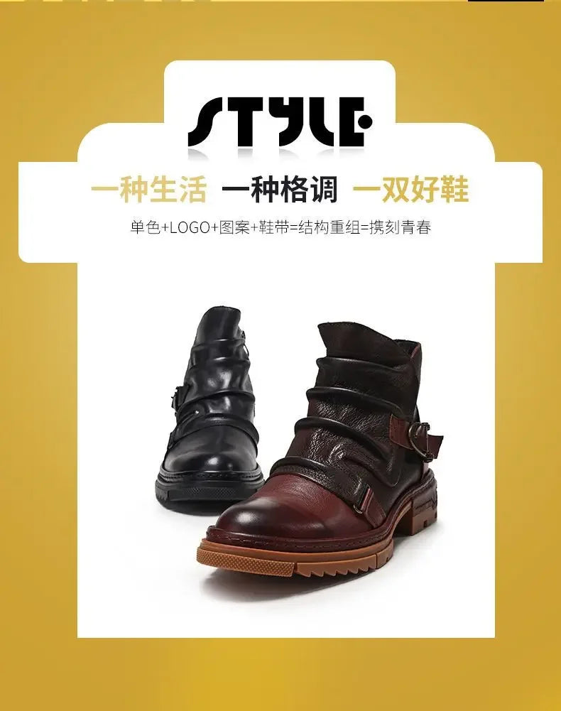 2025 Retro Men's Motorcycle Leather Boots British Style Round Head High Top Shoes Casual Platform Boots Moto Street Gear