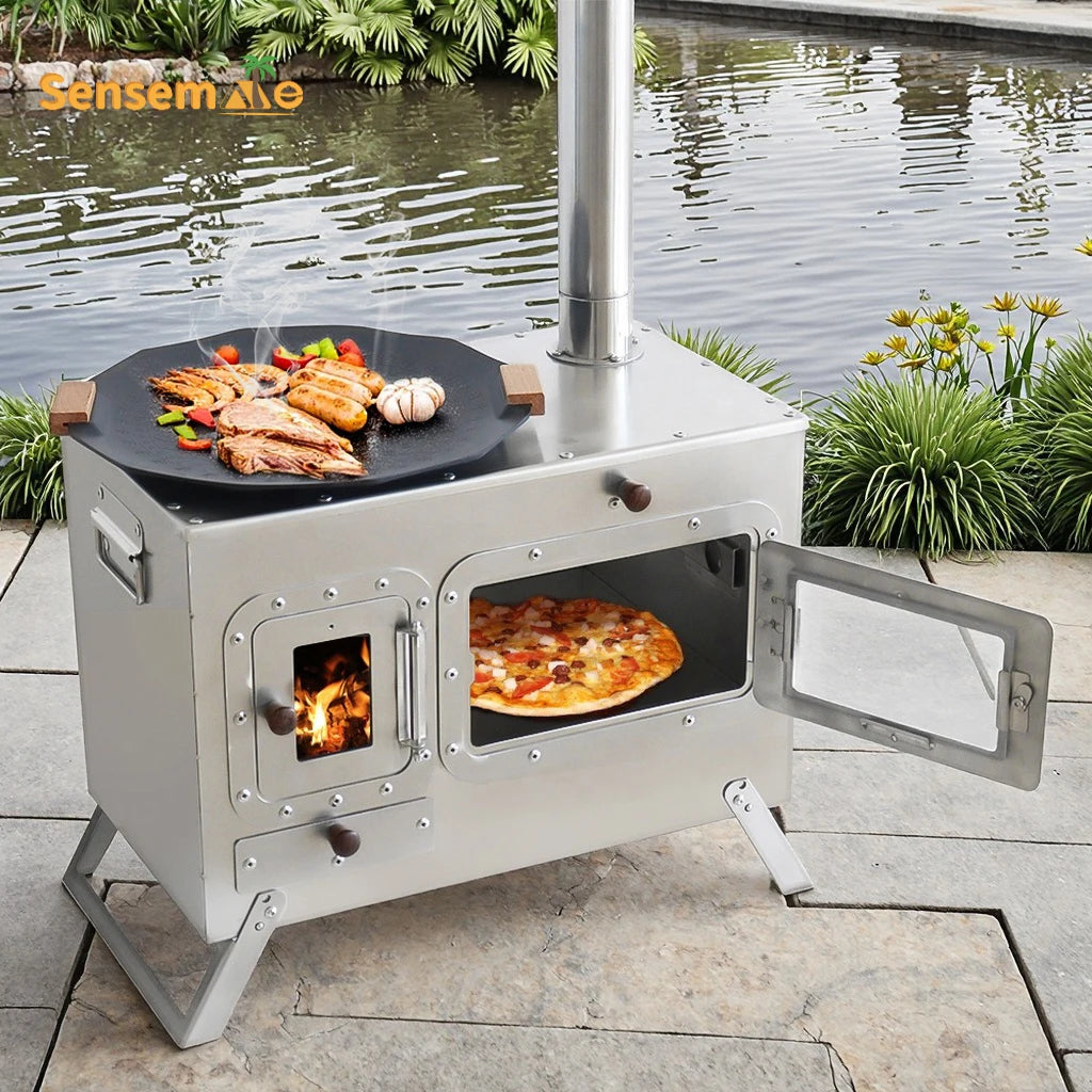 Wood Fire Oven Outdoor BBQ Stove with 9" Pizza Oven Large Multifunction Wood Fired Burning Stove Built-In Thermometer Camping
