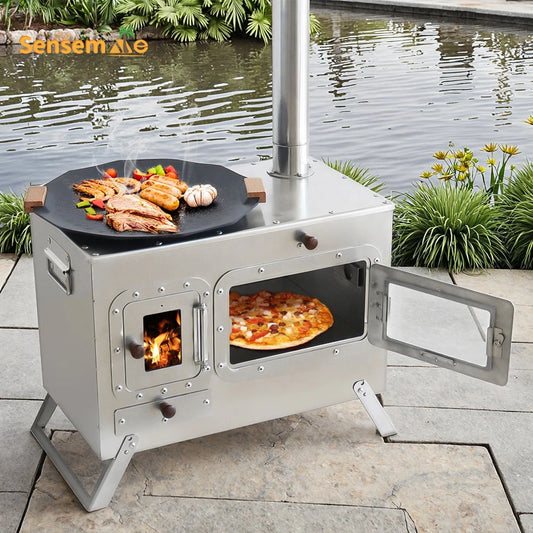 Wood Fire Oven Outdoor BBQ Stove with 9" Pizza Oven Large Multifunction Wood Fired Burning Stove Built-In Thermometer Camping