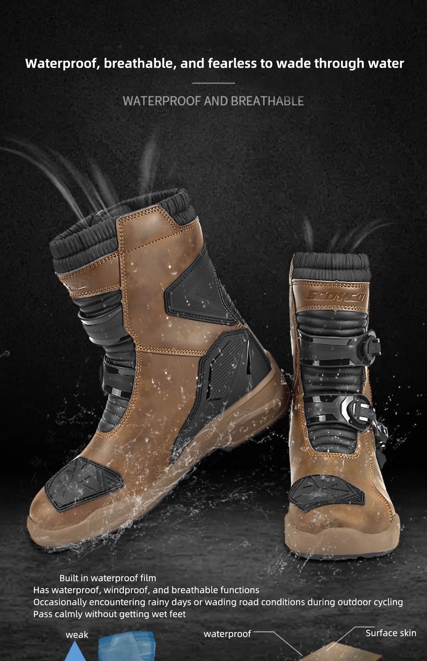 SCOYCO Motorcycle Protective Boots Men Waterproof Enduro Motorcyclist Shoes TPU Leather Anti-slip Motocross Rally High Top Boots