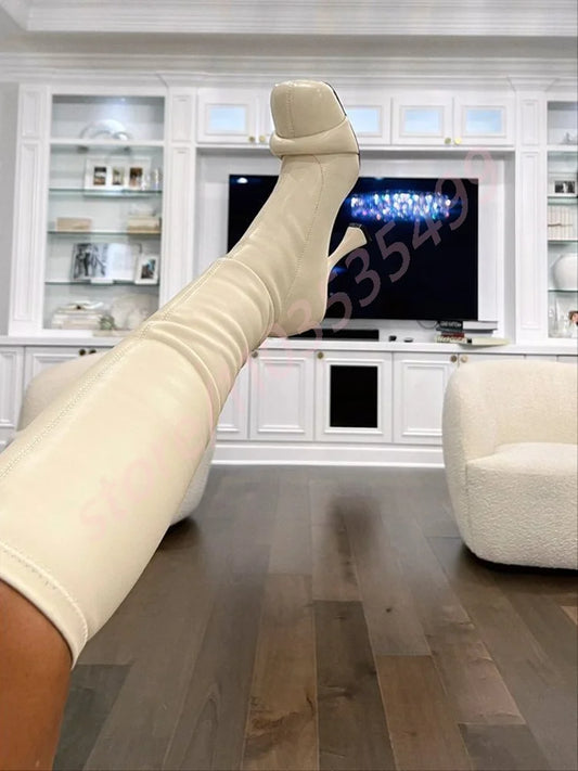 Square Toe Ladies Sexy Knee-High Leather Boots High Heel Pleated Boots Party Zipper Boots 2025 New Street Fashion Catwalk Boots