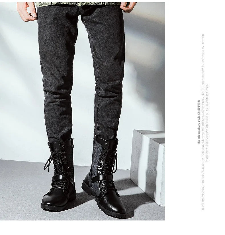 2025 Fashion Man Ankle Boots Lace Up  Platform Leather Shoes Motorcycle Retro Boots Britain Warm Male Platform Mid Calf Boots