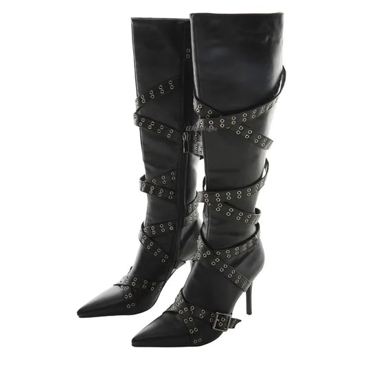 Brand Cross Strap Riveted Retro Silvery Knee High Boots New Spicy Girl Pointed High Heel Motorcycle Boots Fashion Women Shoes