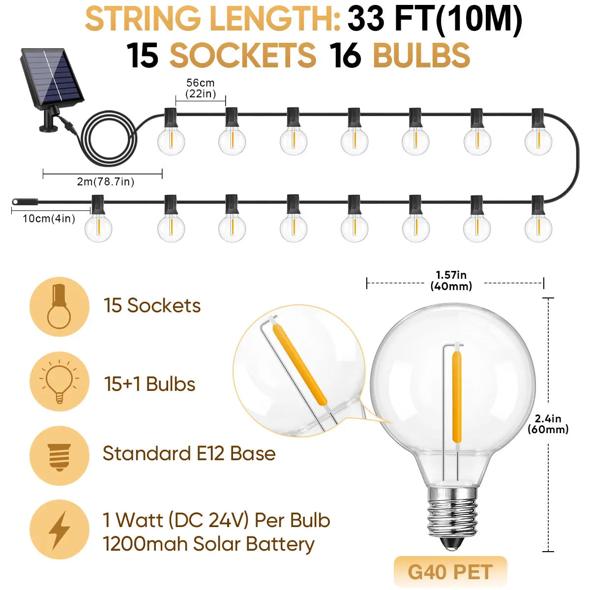 Led G40 Solar String Lights Outdoor Waterproof Garden String Lights USB Rechargeable Solar Light With Remote Decoration Light
