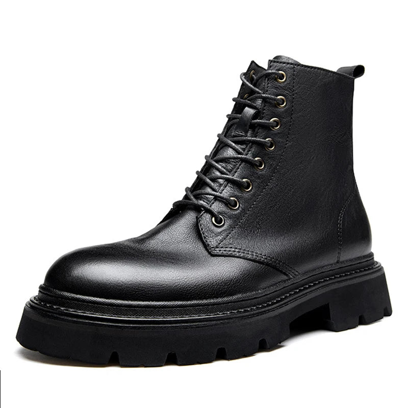 Motorcycle Boots Men Genuine Leather Retro Motorbike Ankle Boots Thick Soled Wear Resistant High Top Cowhide Shoes EU 38-44