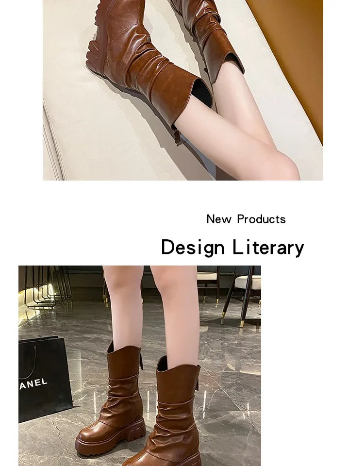 9CM Women Mid Calf Boots Autumn Winte Soft Leather Motorcycle Boots High Platform Square Heels Ladies Chunky Shoes Botas Mujer