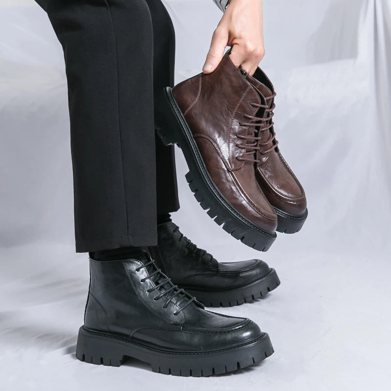 Fashion Men's Genuine Leather Casual Shoes Classic Outdoor Workwear Shoes Men's Motorcycle Boots Handsome Height Increasing