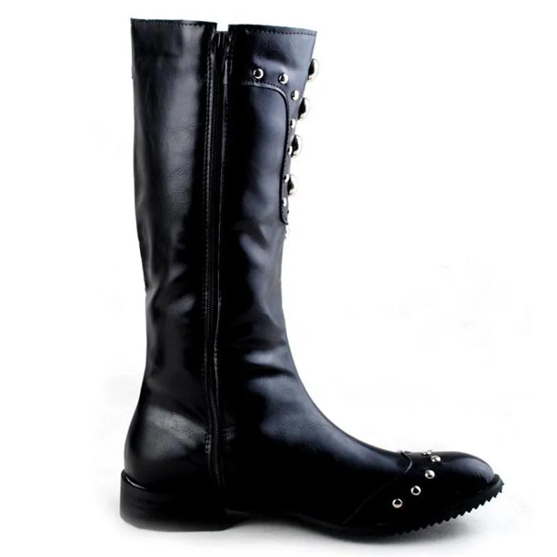 Men Motorcycle Leather Boots,Black Fashion Stage Boots Punk Over Knee High Boots Waterproof Snow Boots Equestrian Gothic Boots