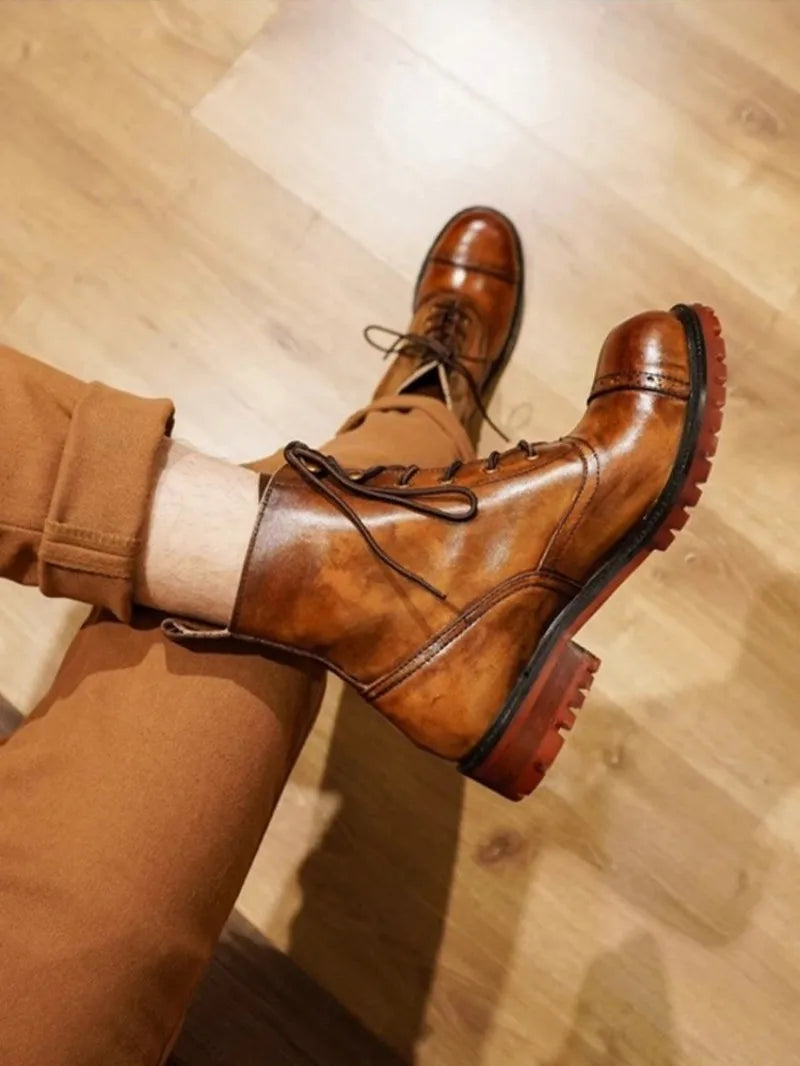 Vintage Mens Round Toe Lace Up High Top Work Safety Shoes Cowhide Genuine Leather Ankle Boots British Motorcycle Riding Boots 45