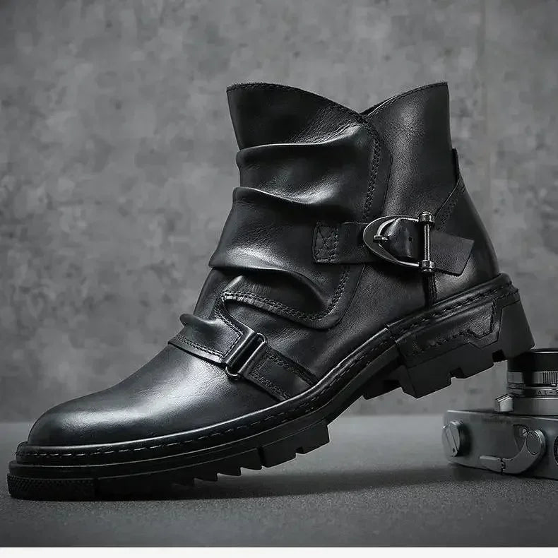 2025 Retro Men's Motorcycle Leather Boots British Style Round Head High Top Shoes Casual Platform Boots Moto Street Gear