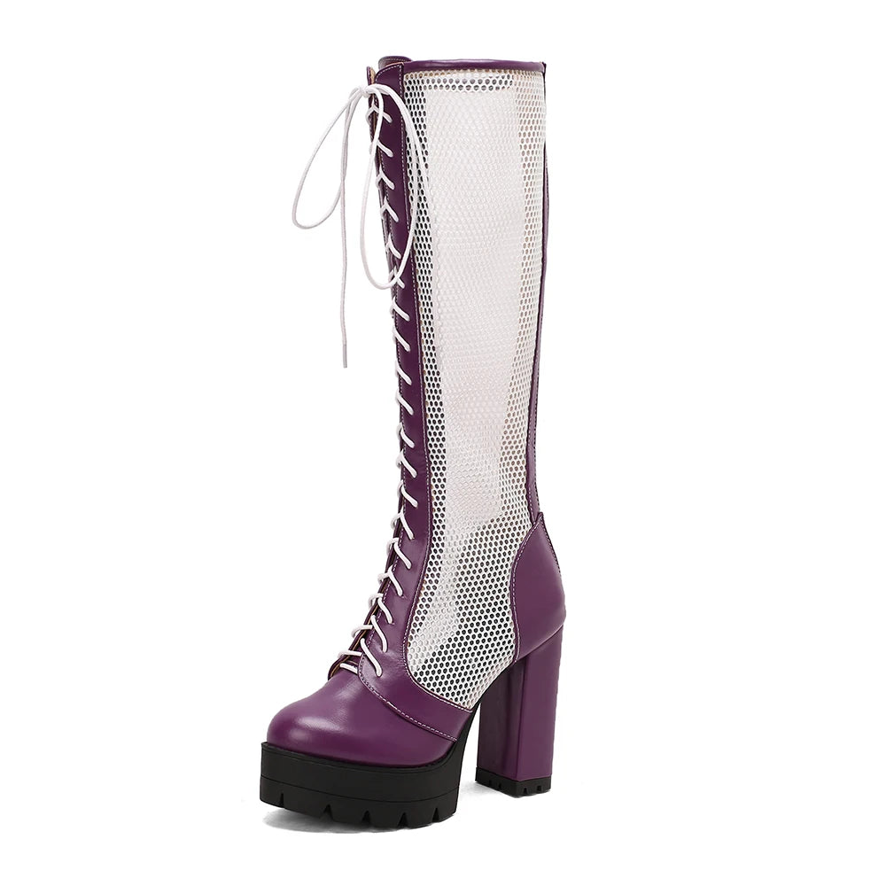 2026 PU Leather Women Knee High Heel Boots Platform Square High Heel Women Summer Boots Fashion Mesh Women's Shoes Pink Yellow