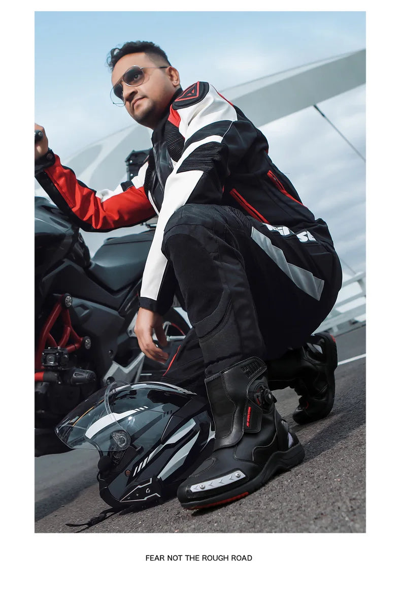 Motorcycle Boots Man Waterproof Studded Boots Hook and Loop Fasteners Wear-Resistant Motorcycle Shoes Anti-Slip Anti-Fall