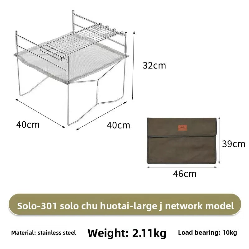 Outdoor Camping Heating Stove Campfire Stainless Steel Foldable Lightweight Grill with Grill Net Solo Fire Pit Wood Stove