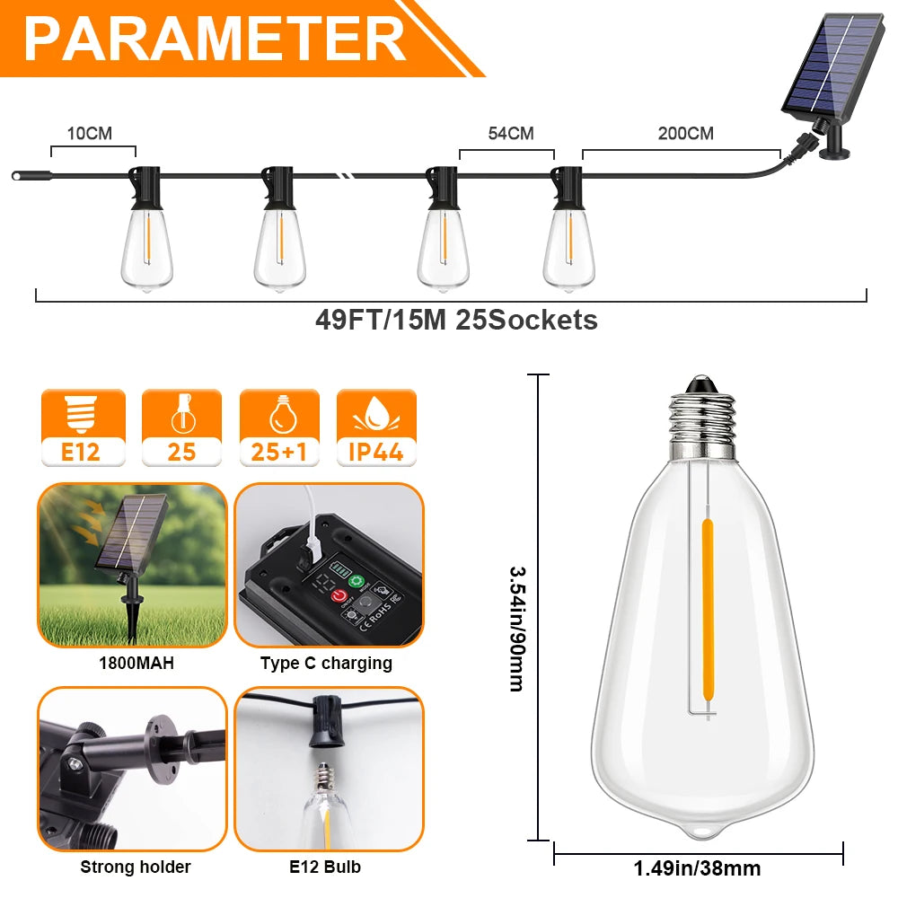 ST38 LED Solar String Light Dimmable Outdoor Shatterproof Garden Solar Powered String Lights with Remote Bistro Cafe Camping Dec