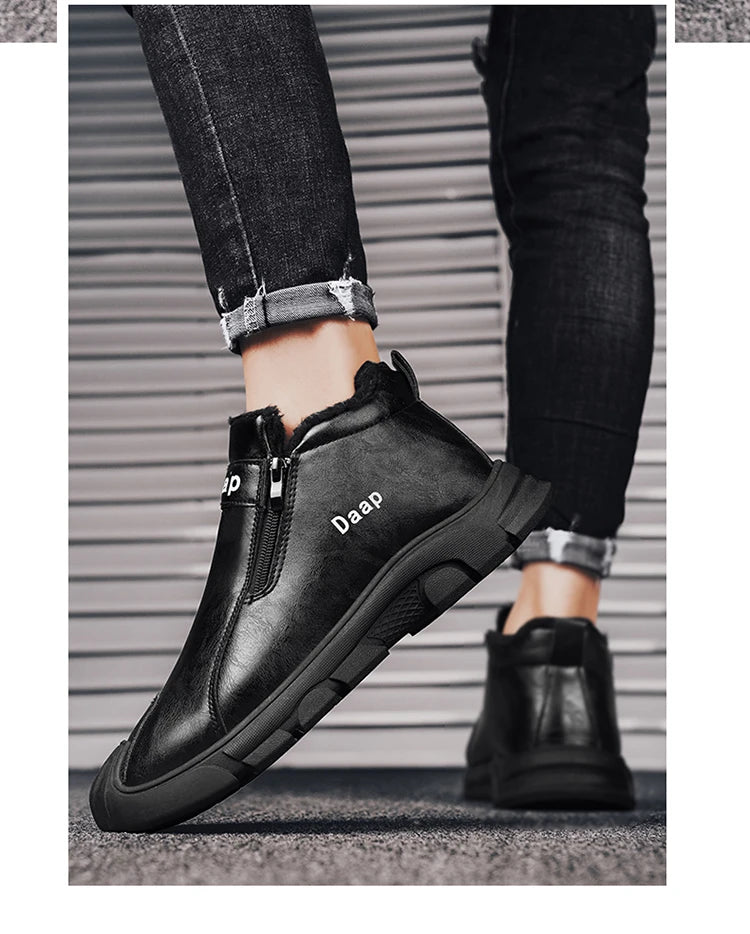 2025 High Top Men's Winter Shoes Comfortable Black Fluff Boots Men Warm Plush Leather Casual Sneakers Men Work Motorcycle Boots