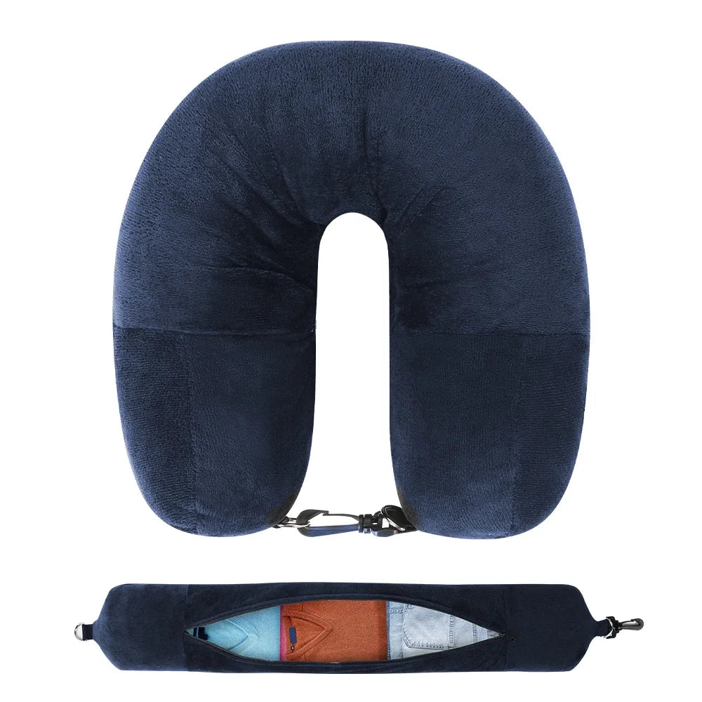 Travel Neck Pillow with Fillable Clothing U-Shaped Pillowcase, Extra Storage Bag, Velvet Neck Pillow Cover for Airplane Travel