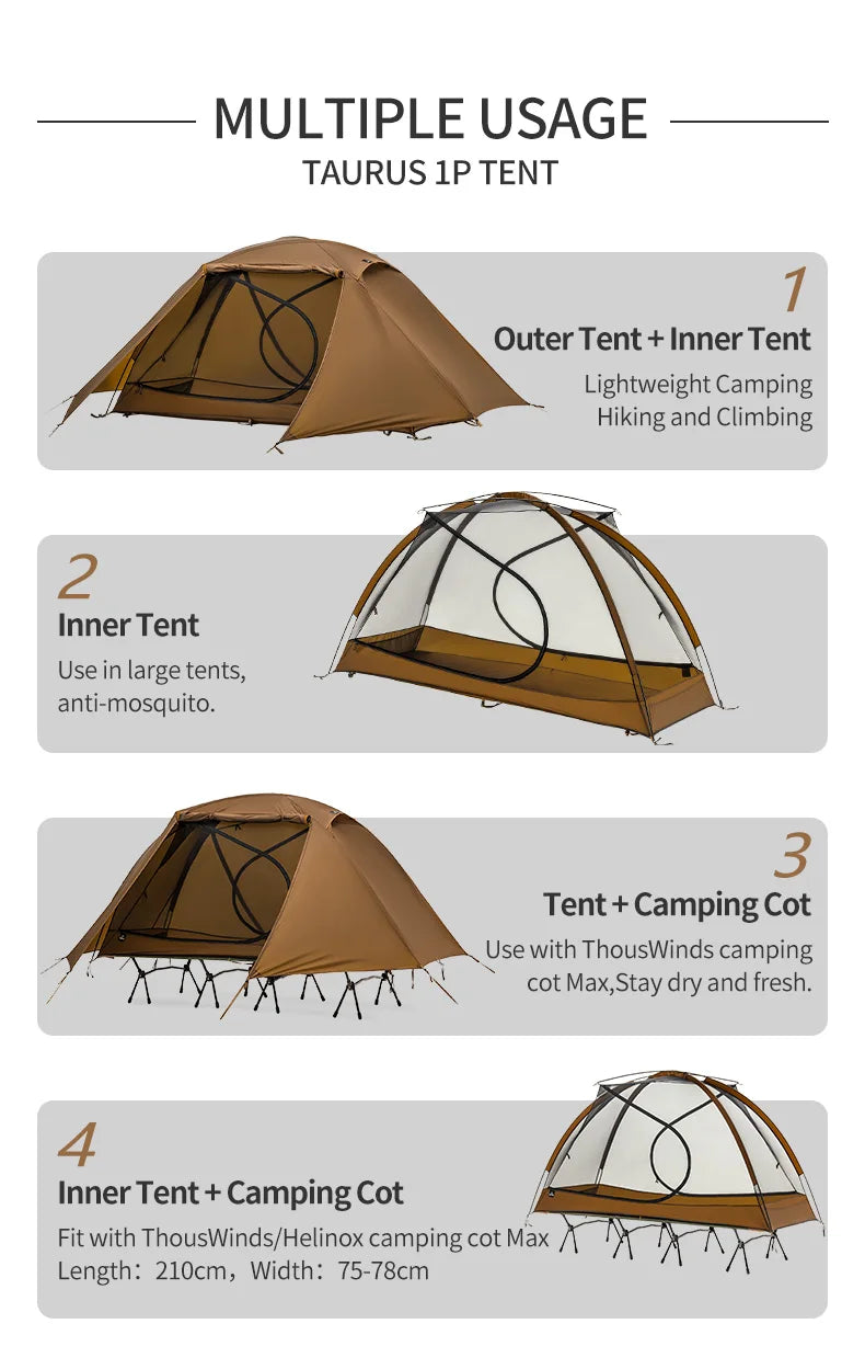 Thous Winds Taurus Solo Tent, Ultralight Hiking Camp, Solo Backpack Tent, Outdoor Cot Tent, 15D Nylon Ripstop Both Side Silicon
