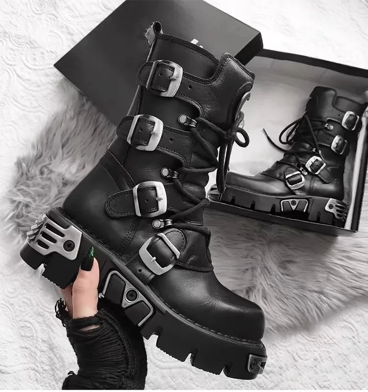 Unisex Genuine Leather Motorcycle Boots Skull Gothic Punk Cowboy Boots Women Men Metal Decoration Platform Combat Mid-calf Boots