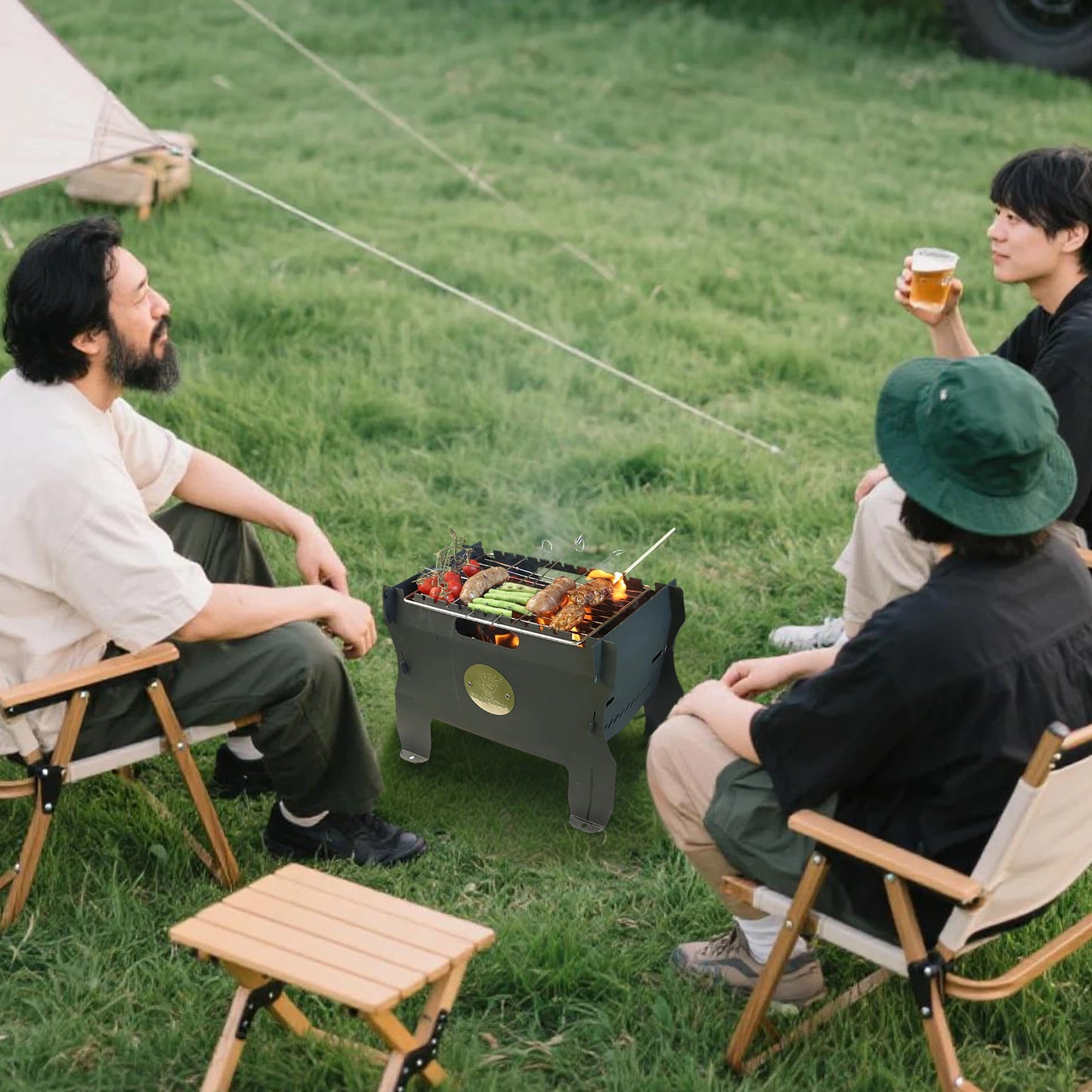 2-in-1 Charcoal Grill & Gas Grill, Small Metal Camping Grill Portable Fire Pit Table Grill with Stainless Steel Grate