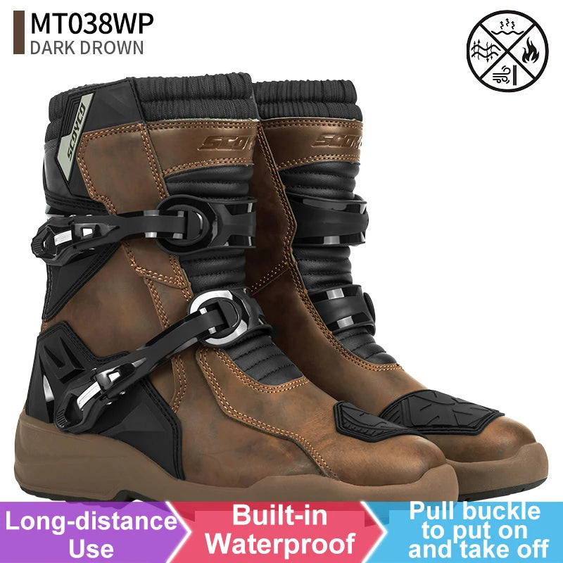 SCOYCO Motorcycle Protective Boots Men Waterproof Enduro Motorcyclist Shoes TPU Leather Anti-slip Motocross Rally High Top Boots