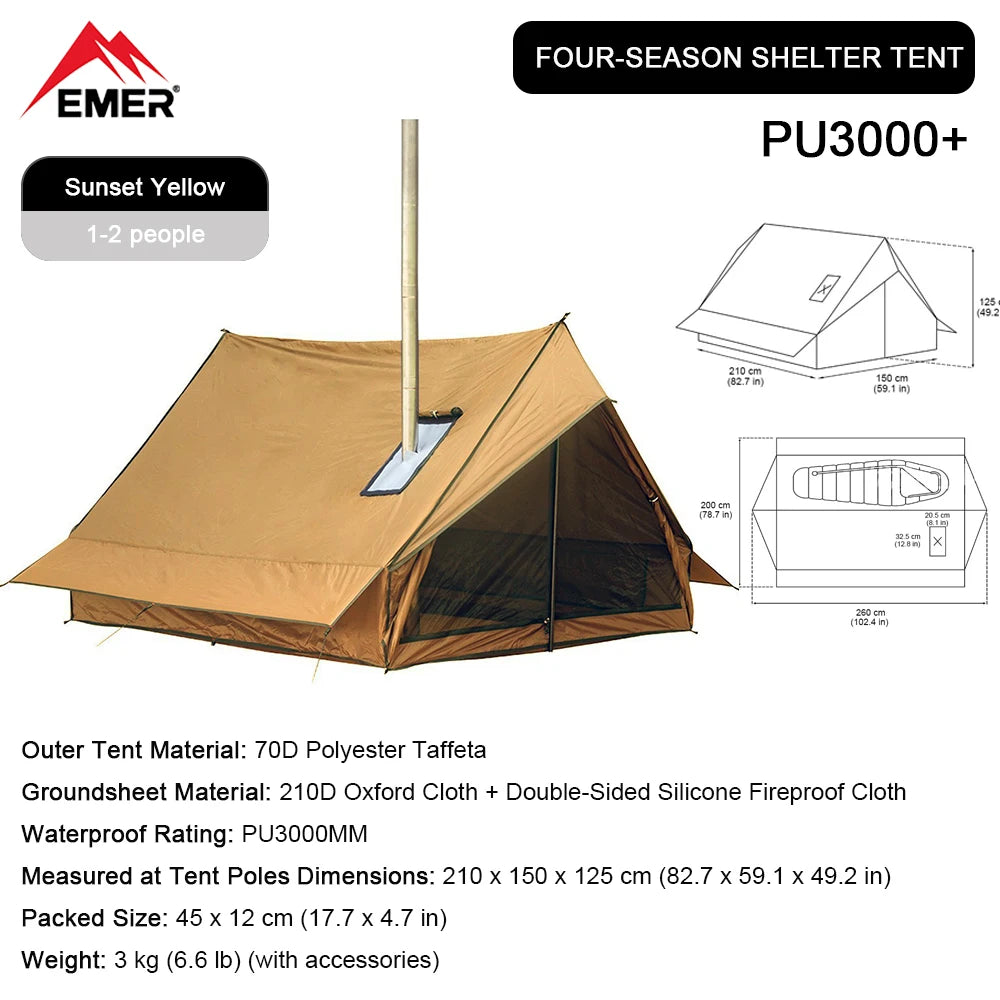 EMER Camping Hot Tent with Chimney Window Outdoor Ultralight Tipi Teepee Tent Pyramid Double Layer Bushcraft 2-Person BC Tent