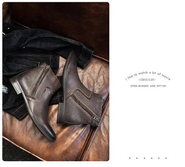 2026 Spring Autumn Ankle Boots Fashion Male Cow Genuine Leather Shoes Dual Zip Leisure Leather Boots Motorcycle Shoes Boys A049