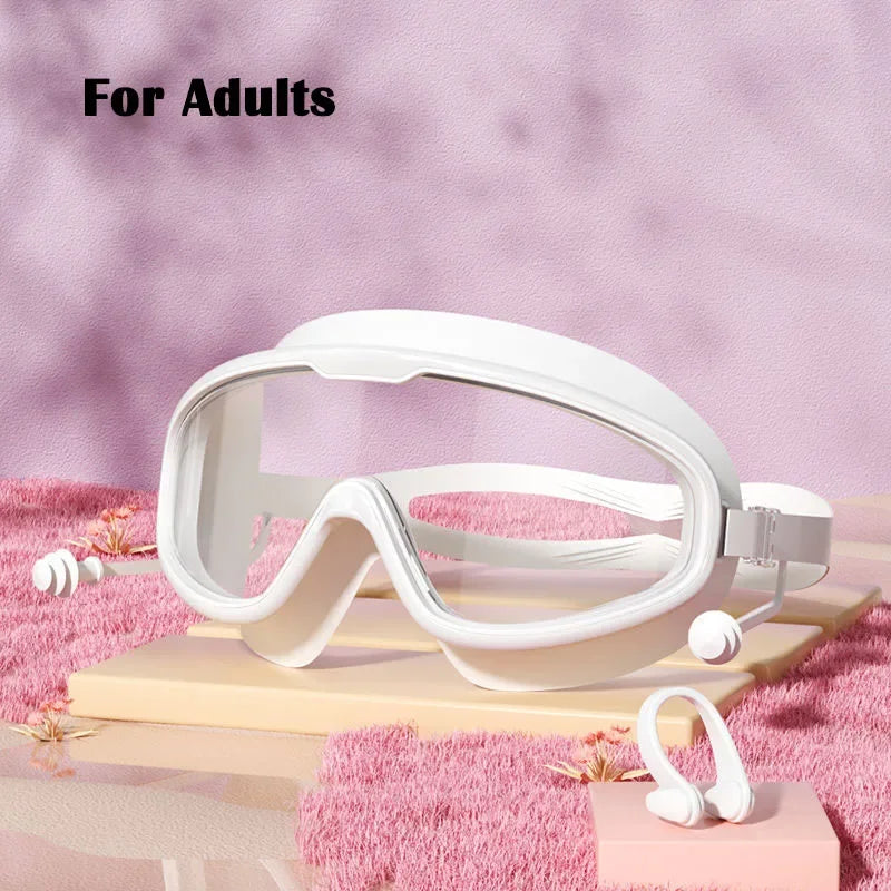 1Pair of Big Frame Swimming Goggles for Kids&Adults Anti-Fog No Leak Clear Wide View Scuba Diving Swimming Glasses with Earplugs