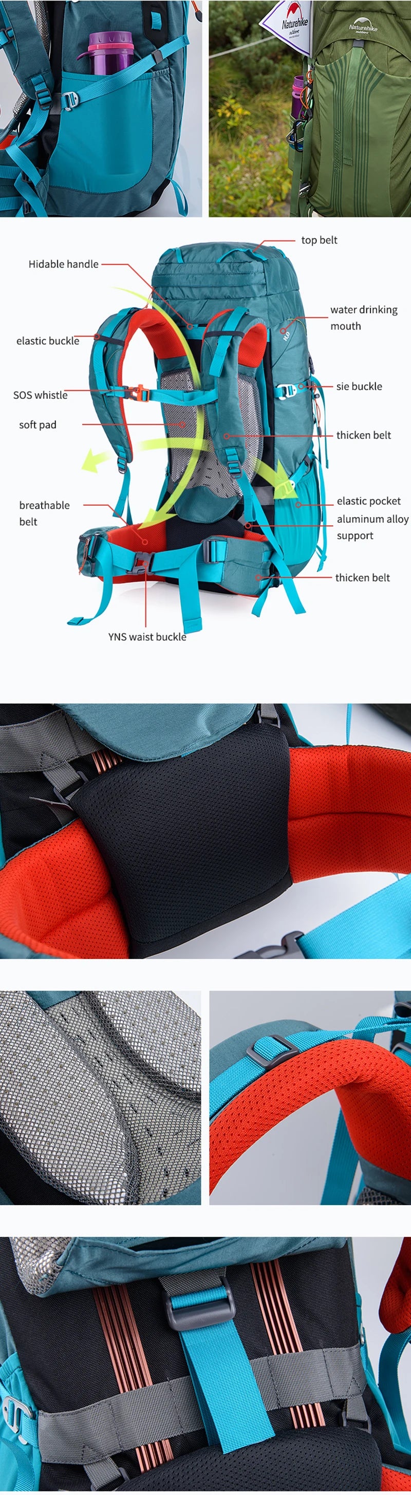 Naturehike-Camping Hiking Backpack with External Frame, 65L Large Capacity, Trekking, Mountaineering, Climbing Bag, 55L