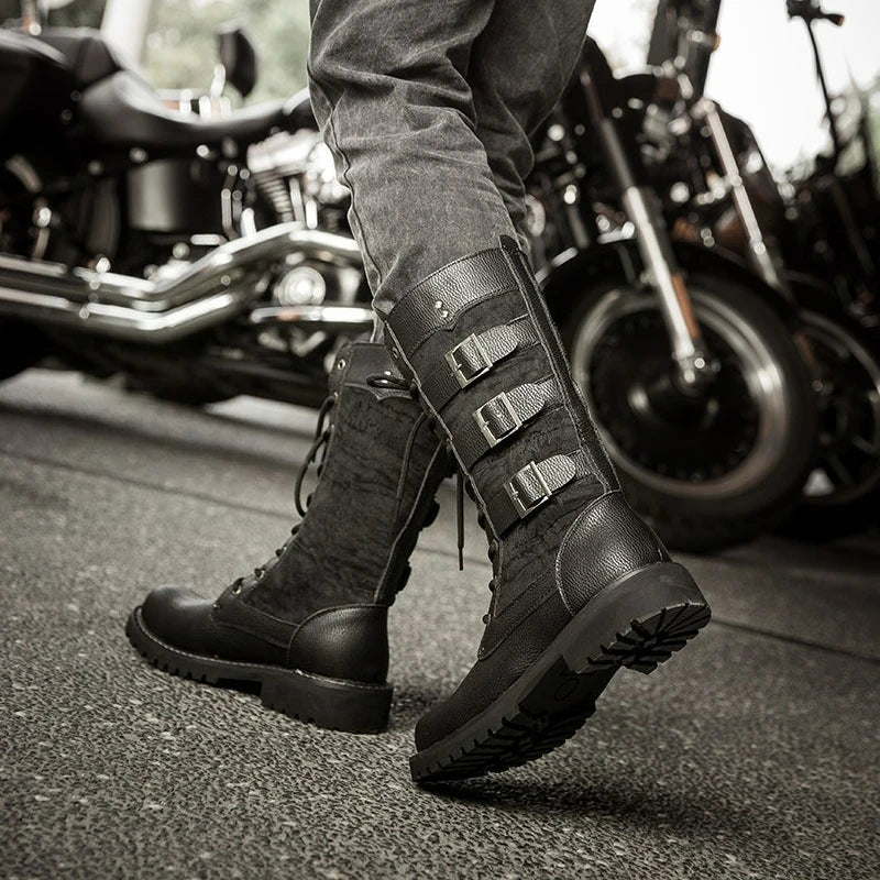 Luxury Men Boots Leather Motorcycle Boots Fashion Lace Up High Top Boots British Male Mid Calf Boot Plus Size Buckle Strap Boot