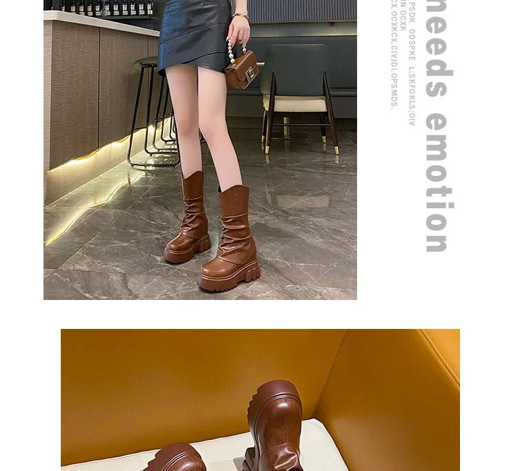 9CM Women Mid Calf Boots Autumn Winte Soft Leather Motorcycle Boots High Platform Square Heels Ladies Chunky Shoes Botas Mujer