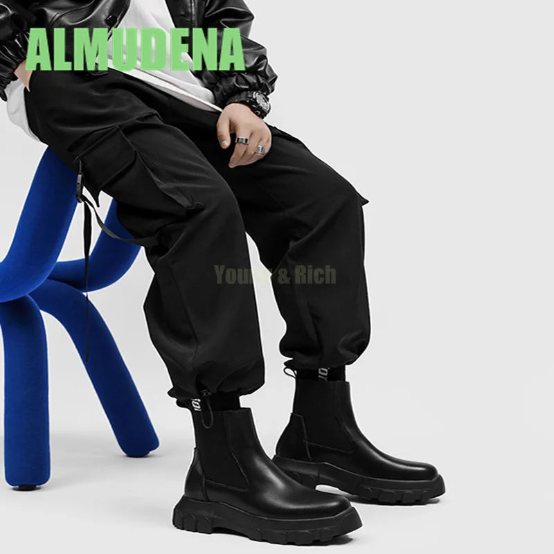 Thick Soled Chelsea Boots Men's Trendy High Top Boots Retro Handsome Motorcycle Boots Versatile Ankle Boots and Short Boots