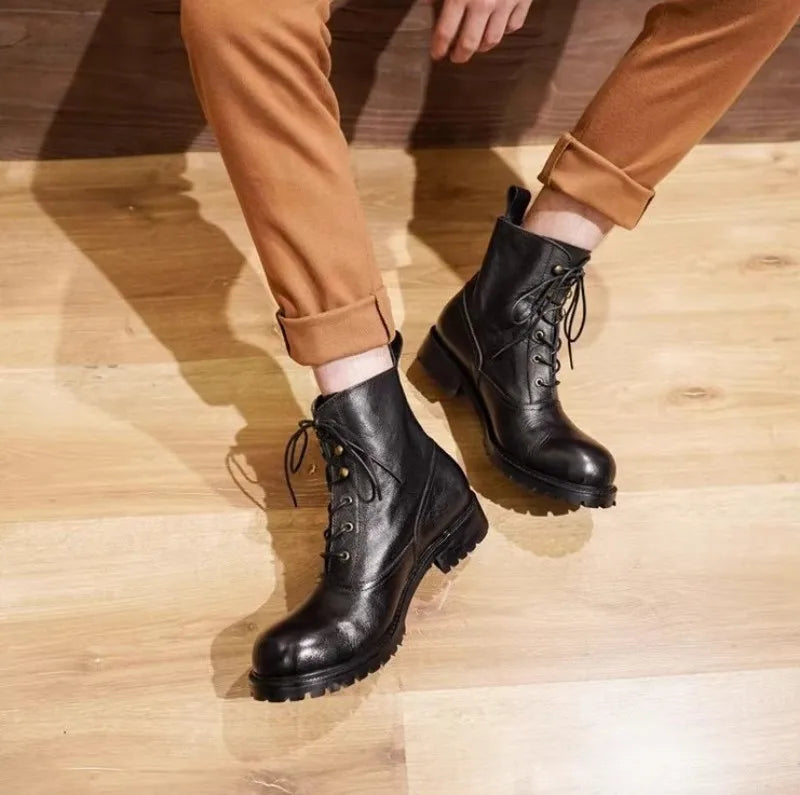 Vintage Mens Round Toe Lace Up High Top Work Safety Shoes Cowhide Genuine Leather Ankle Boots British Motorcycle Riding Boots 45