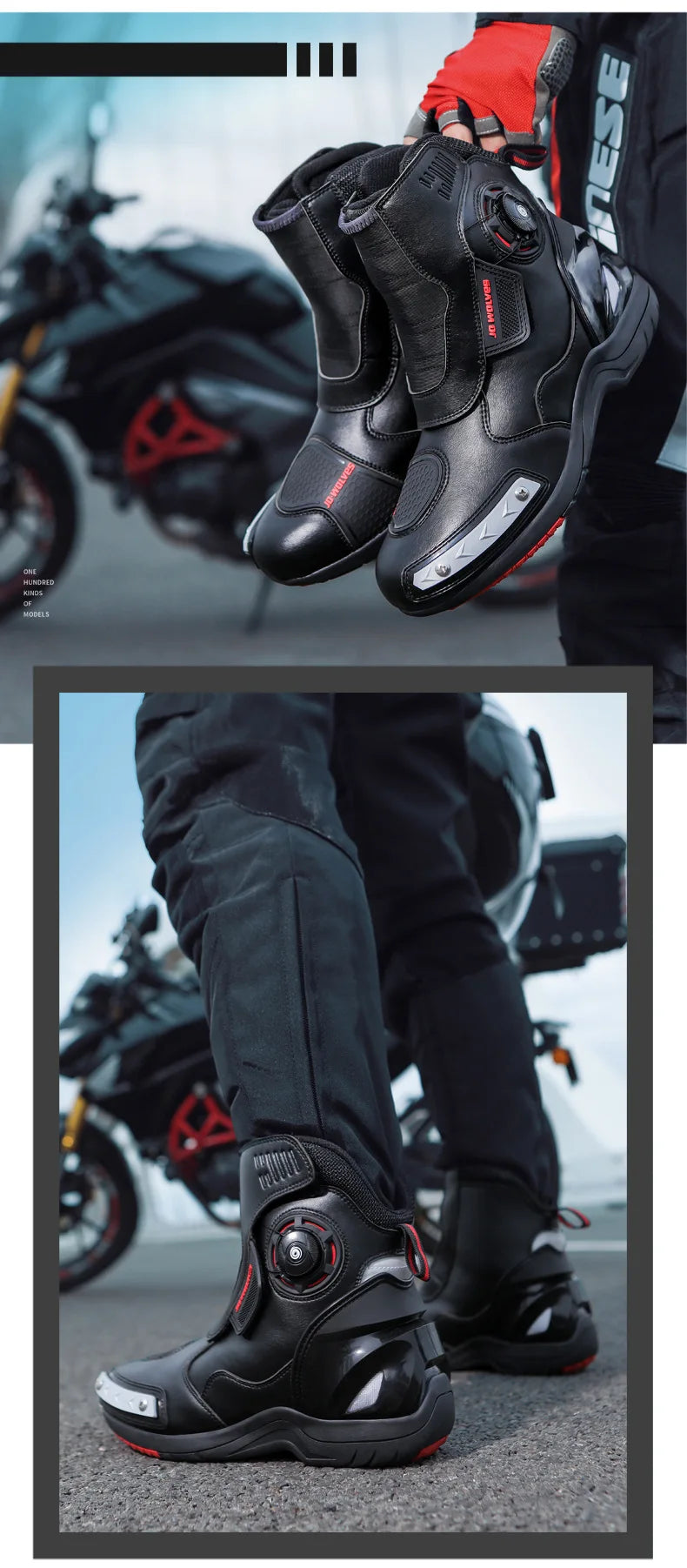 Motorcycle Boots Man Waterproof Studded Boots Hook and Loop Fasteners Wear-Resistant Motorcycle Shoes Anti-Slip Anti-Fall