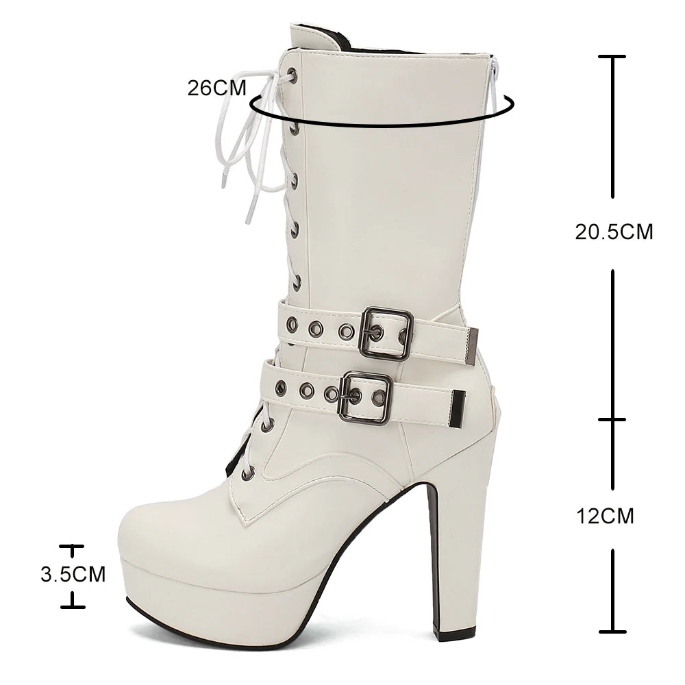 Women Punk Style Lace-Up Ankle Boots Belt Buckle Platform High Heels Short Boot Female White Autumn Winter Round Toe Shoes 2025