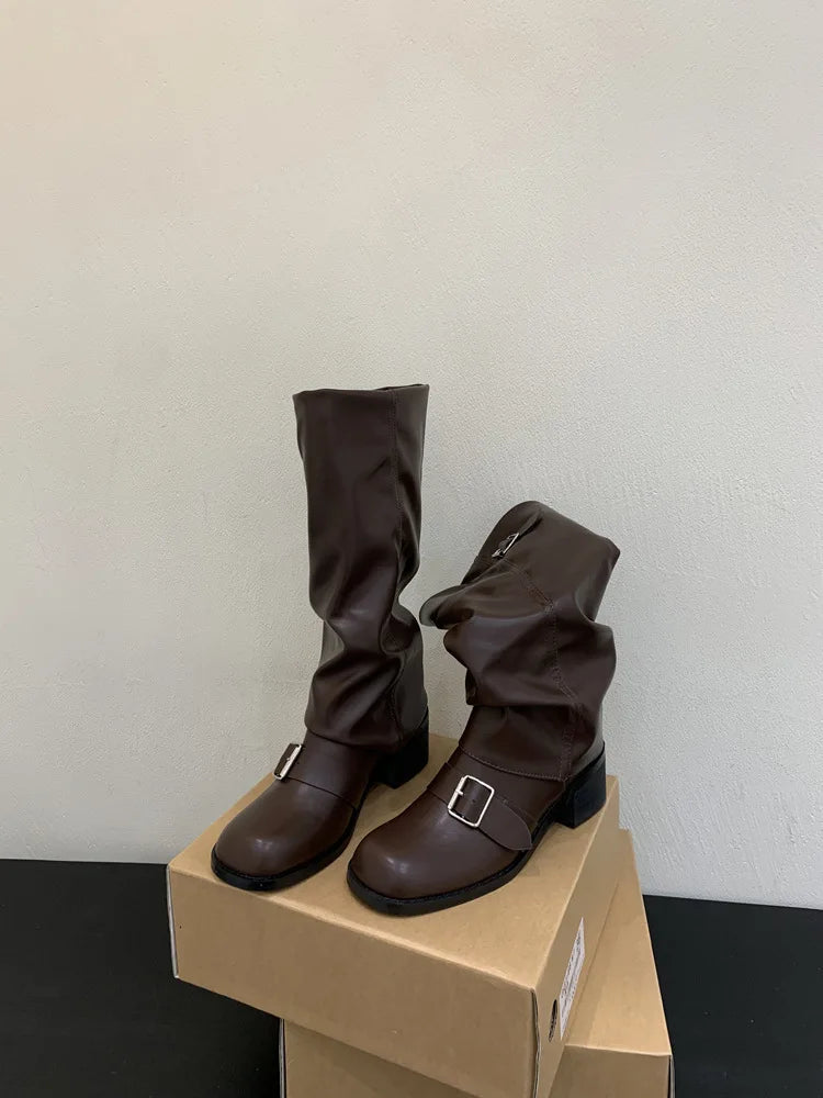 Woman Boots Knee High Platform Heels Trend Punk Gothic New Rock Leather Fashion Women Shoes Motorcycle Footwear Zapatos De Mujer