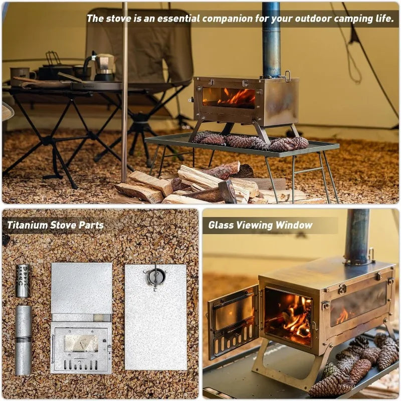 Stainless Steel Portable Tent Stove Foldable with Side Glass Chimney Burner Camping Wood Stove Heating Cooking Grill