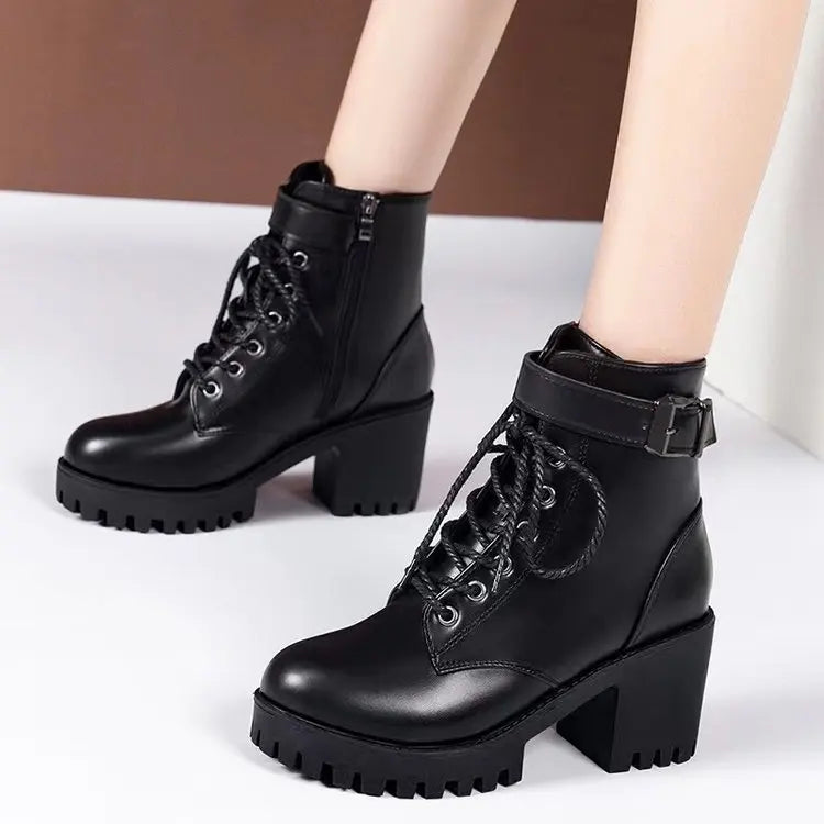 Winter Women's Boots 2025 New Lace Up Boots for Womens Fashion Thick Heel Side Zipper Ankle Boots Warm Female Motorcycle Shoes