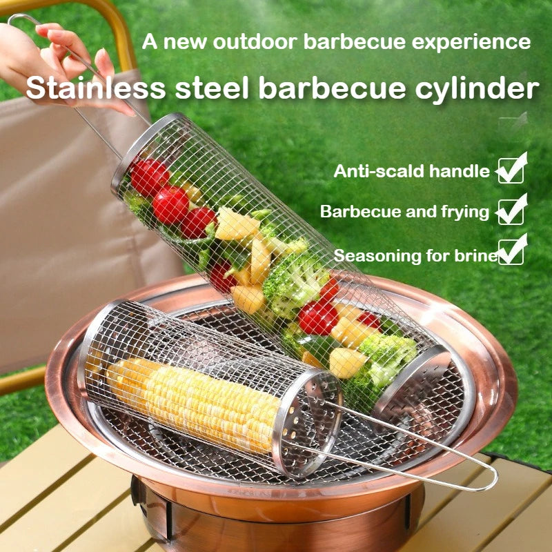 304 Stainless Steel Barbecue Cylindrical Mesh Grill Basket, Picnic Barbecue Supplies, Smoked Barbecue Rolling Cylinder