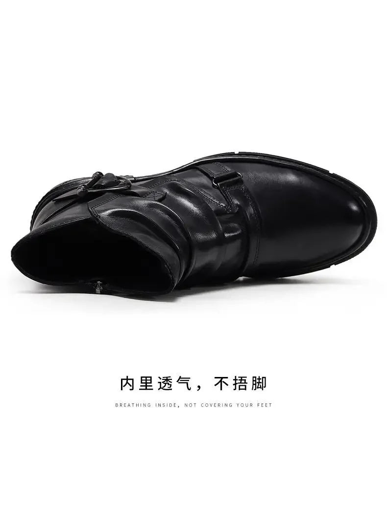 2025 Retro Men's Motorcycle Leather Boots British Style Round Head High Top Shoes Casual Platform Boots Moto Street Gear