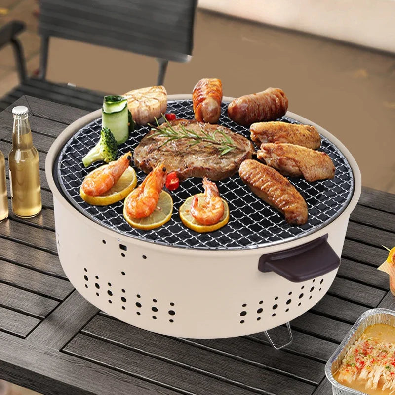 New Outdoor Smokeless Round Grill Small Stove Charcoal Grill Portable Korean Style Camping Barbecue Tabletop Stove
