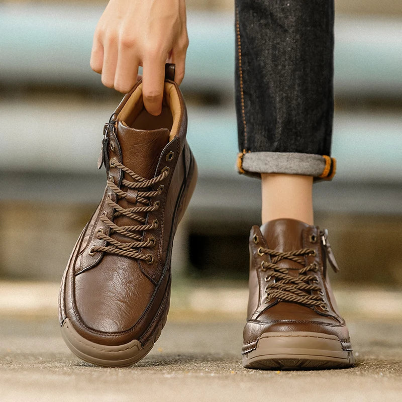 Men's High Top Leather Ankle Boots Comfortable Motorcycle Boots Non Slip Walking Training Shoes Botas Outdoor Treking Footwear