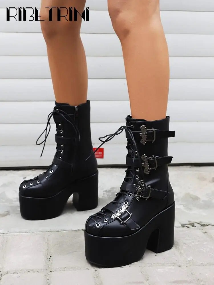 Punk Goth Women Motorcycle Boots Block High Heels Platform Shoes  Woman 2024 New Brand Luxury Fashion Design Cool Street Boots