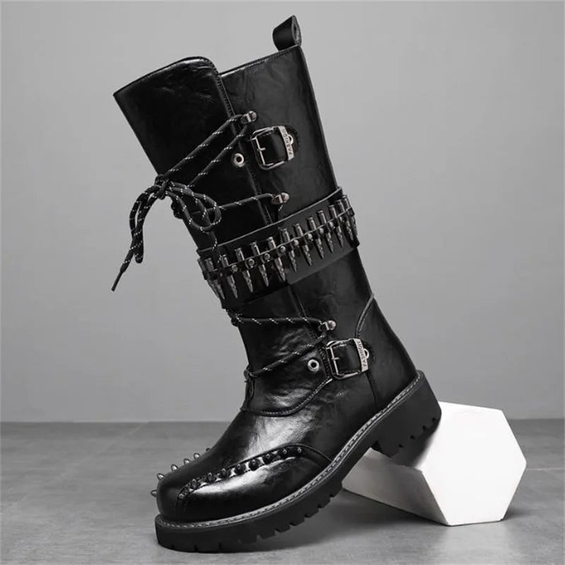 Round Toe Metal Decorations Belt Buckle men Boots Thick Sole Flats Black Zipper Fashion Punk Gothic  Equestrian Motocycle Boots