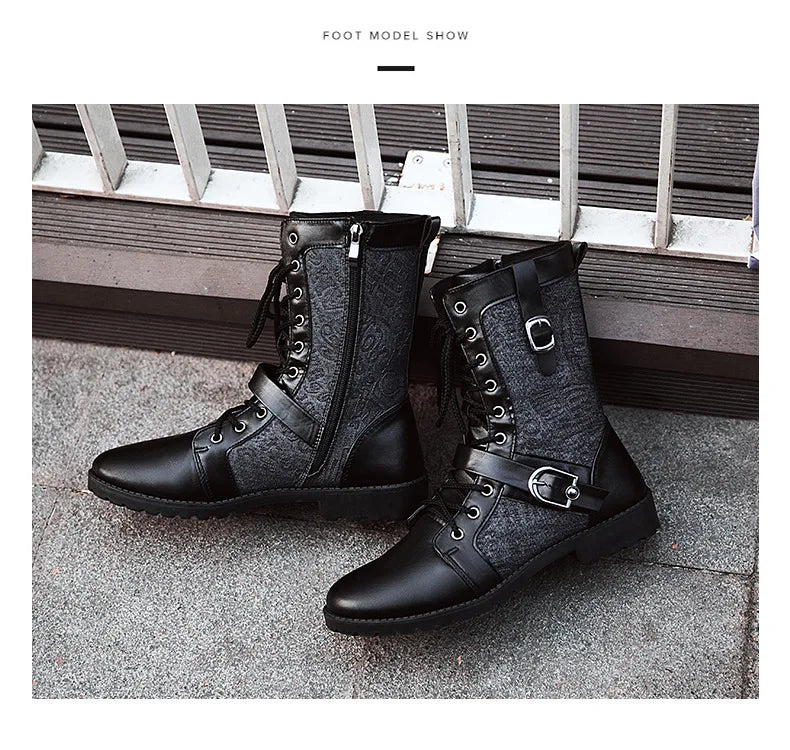 2025 Fashion Man Ankle Boots Lace Up  Platform Leather Shoes Motorcycle Retro Boots Britain Warm Male Platform Mid Calf Boots